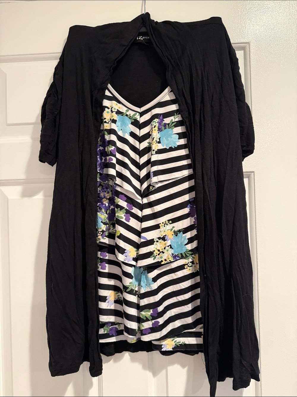 Iz Byer Black Cardigan over Striped Floral Camisole